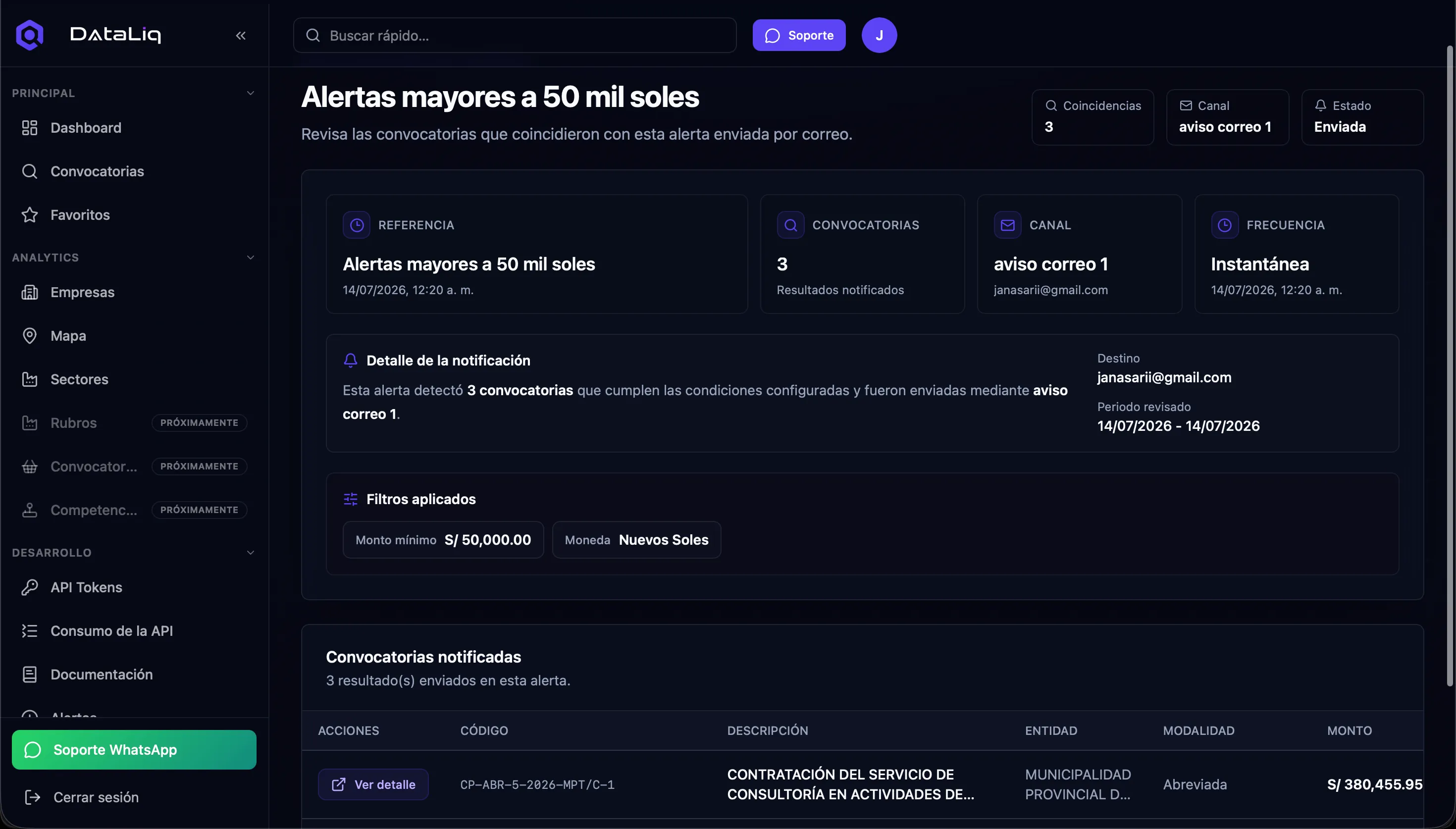 Vista de Alertas en DataLiq
