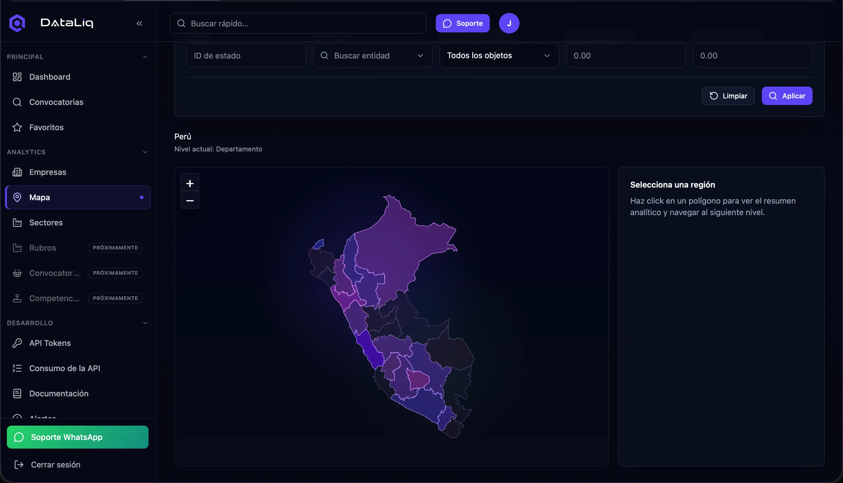 Vista de Analiticas por Región en DataLiq