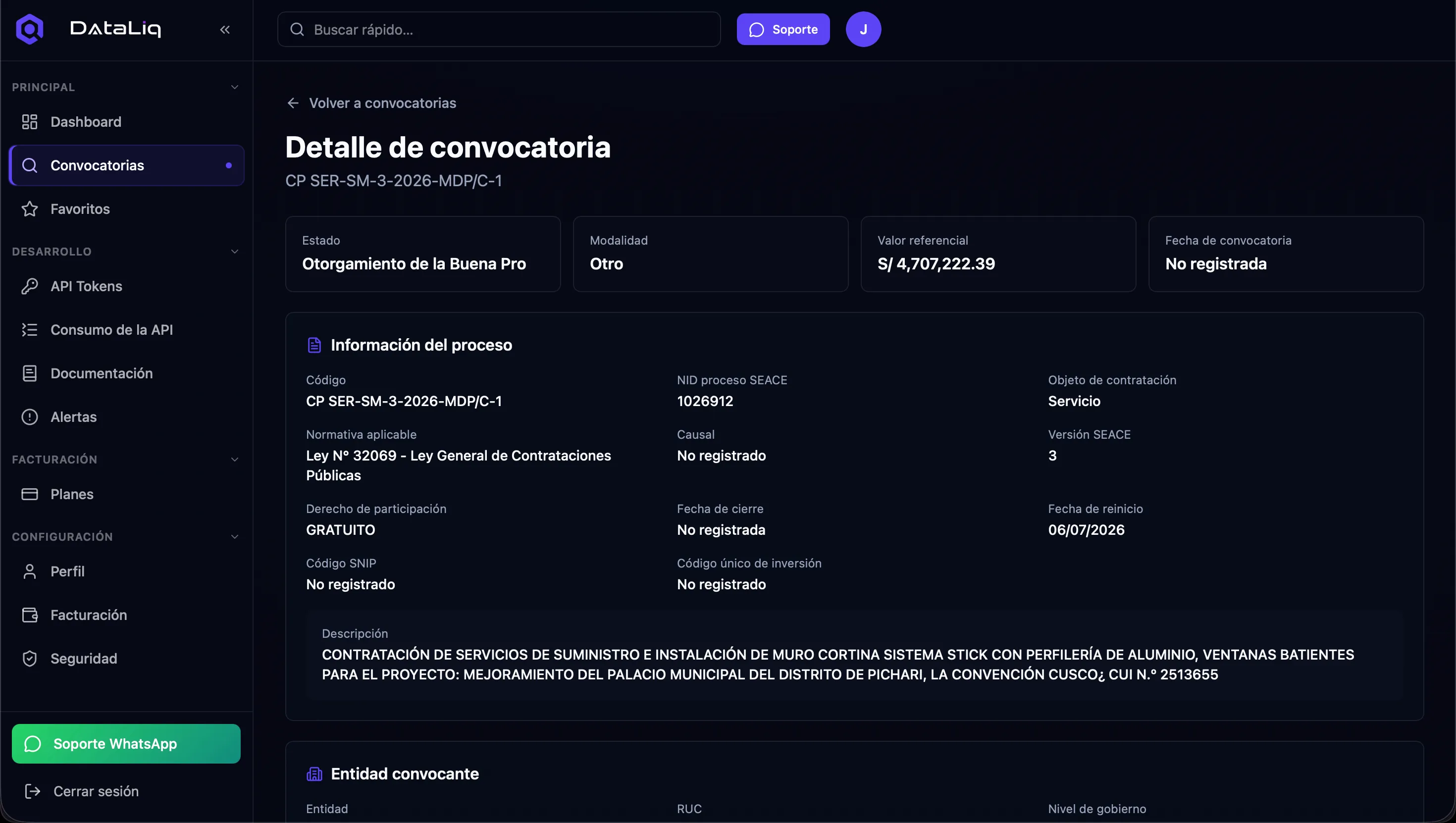 Vista de Convocatoria Detalle en DataLiq