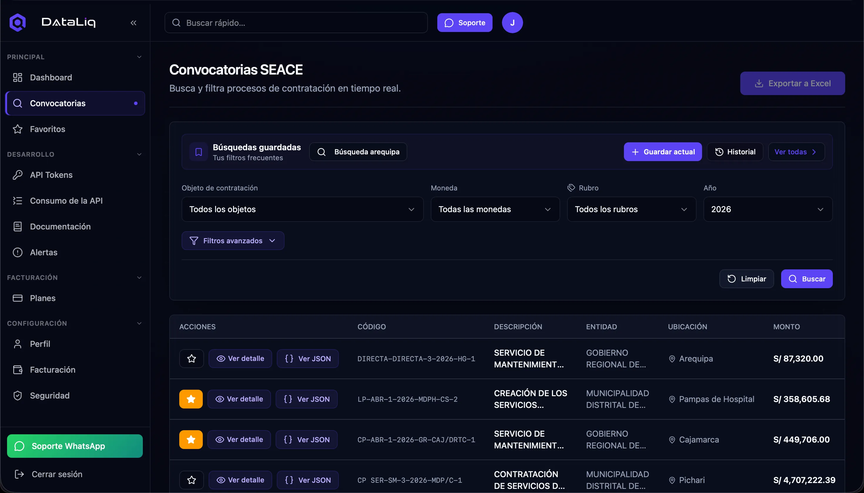 Vista de Convocatorias en DataLiq