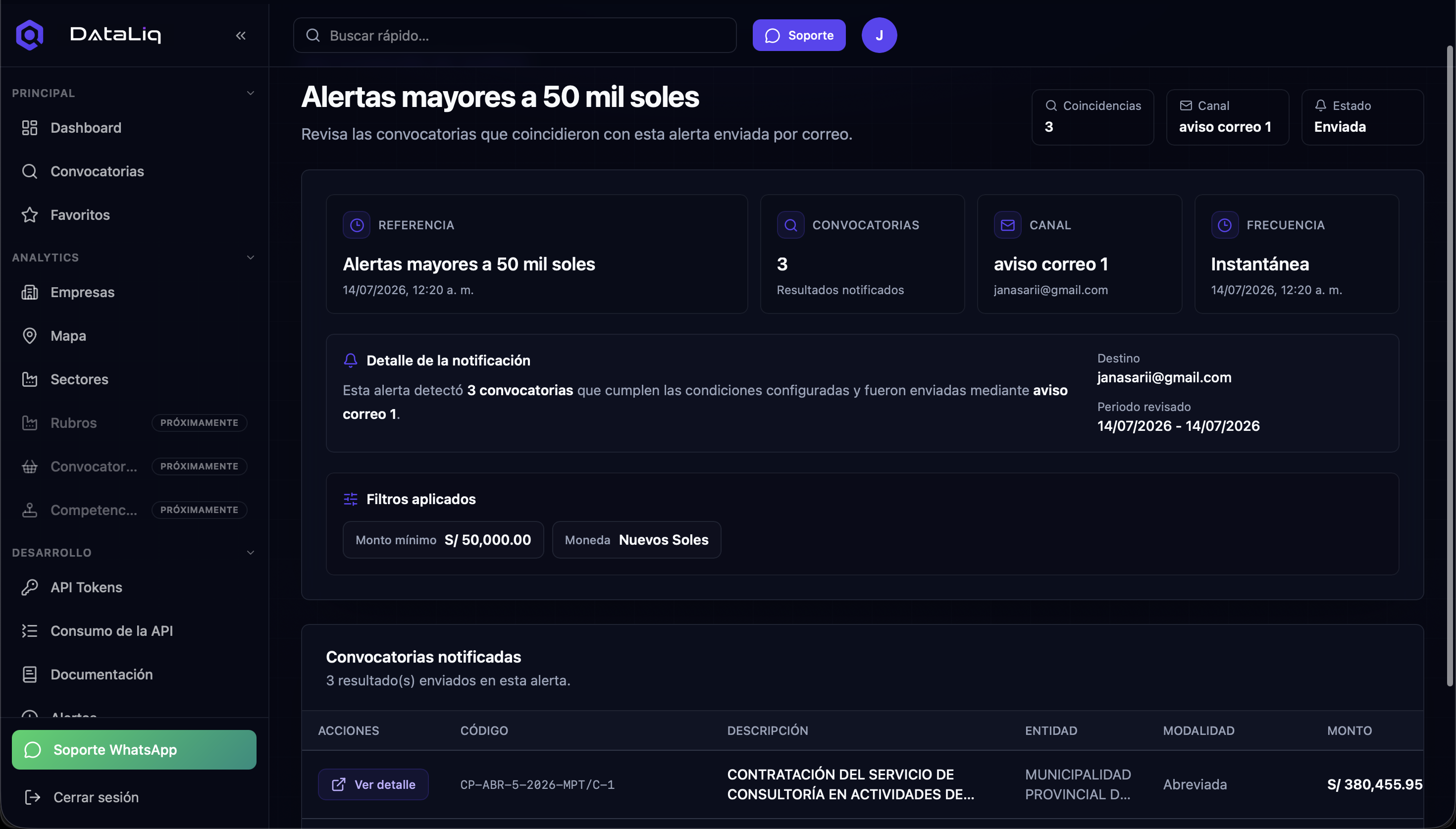Vista de Alertas en DataLiq